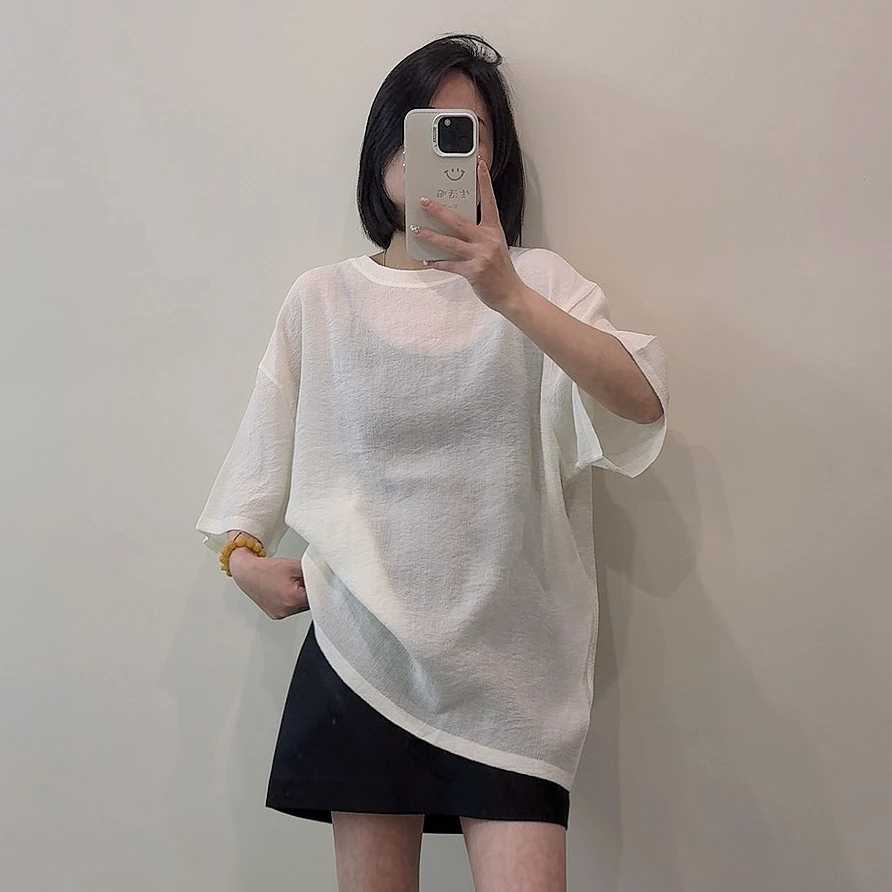 163 小CC时尚穿搭2025夏季新款简约百搭宽松大版莱赛尔短袖T恤