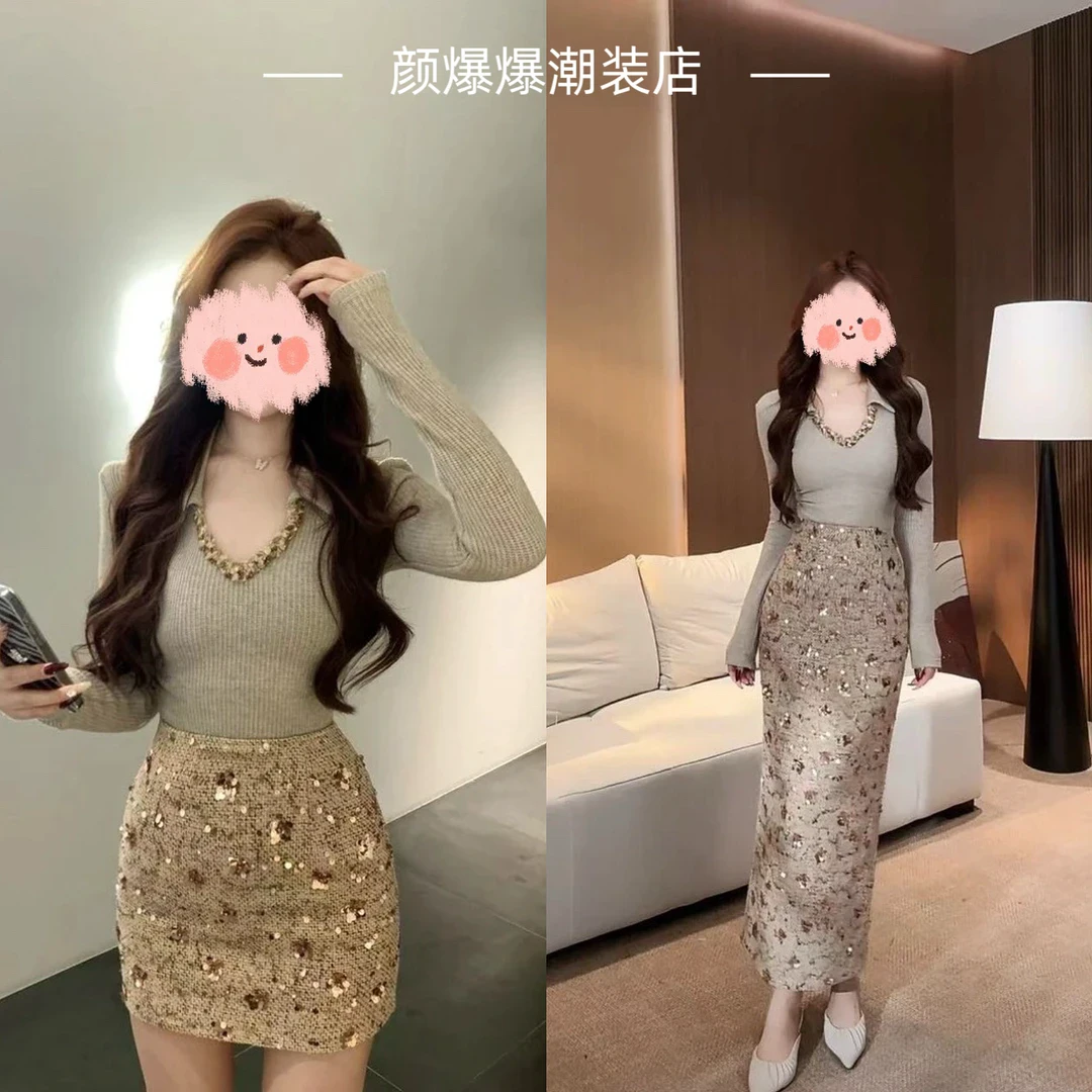 秋冬时尚翻领设计感长袖针织打底衫重工亮片小个子显瘦修身上衣