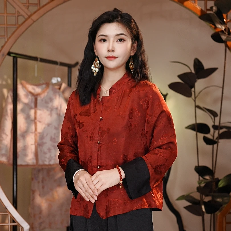 【斐韵】新中式香云纱双面穿外套女妈妈冬装保暖红色唐装上衣6809