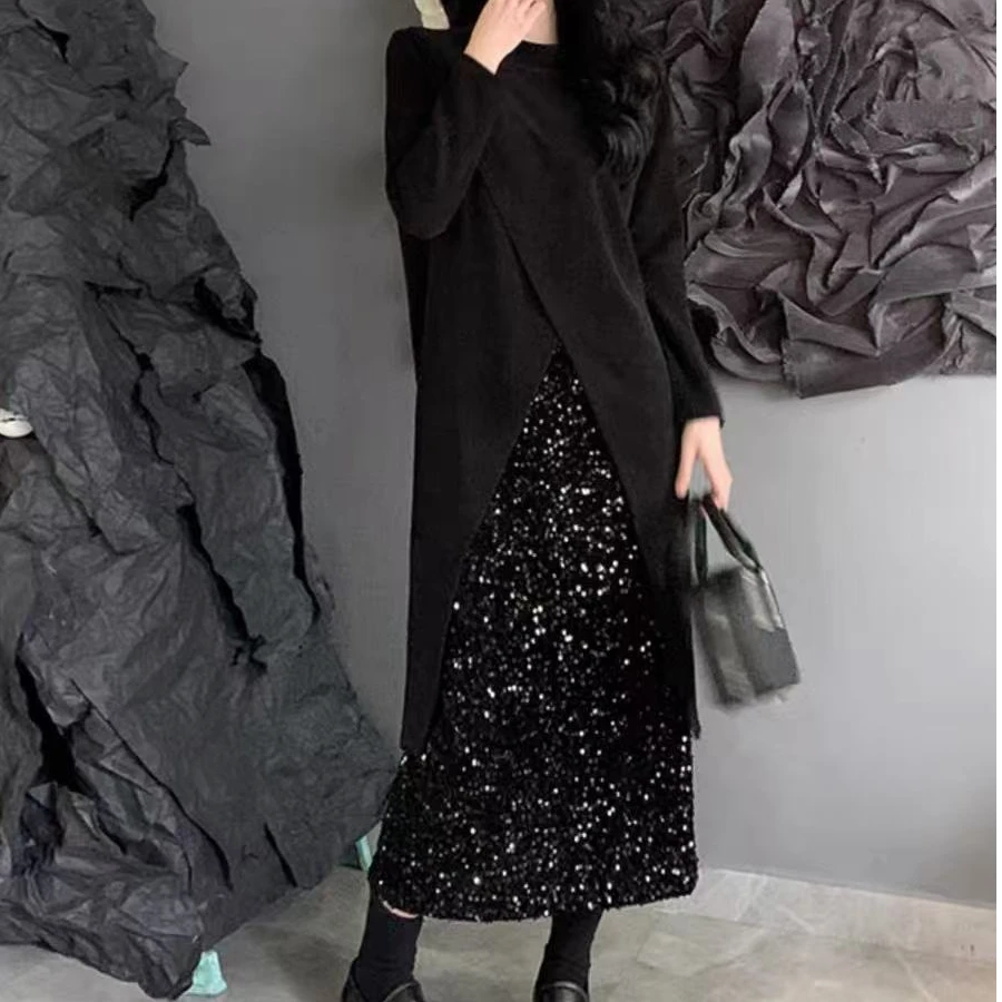 369大码女装胖mm设计感开叉长袖上衣+亮片半身裙女春显瘦遮肚套装