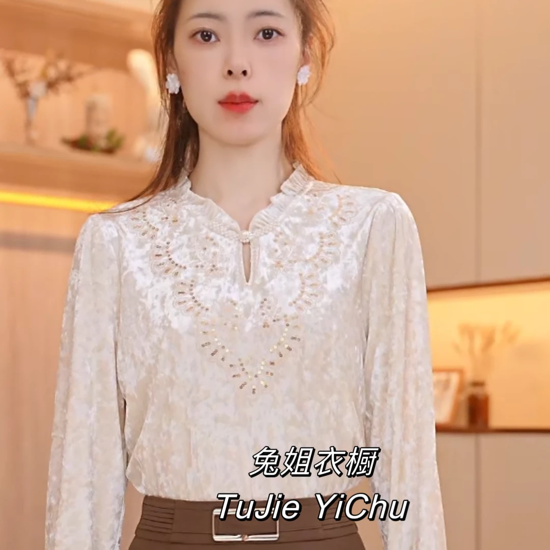 【兔姐衣橱】秋冬新款木耳领花边复古精致重工气质丝绒上衣