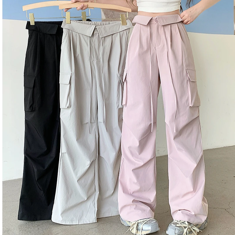 2025春装新款胖mm大码女美式辣妹运动风个性口袋褶皱工装裤