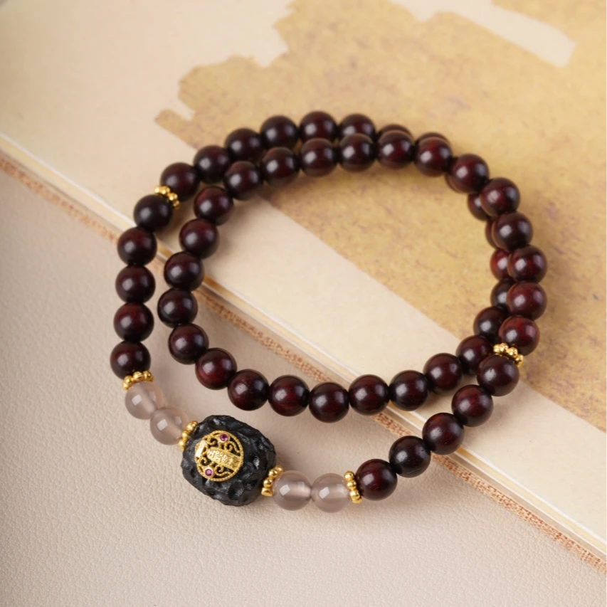 小叶紫檀双圈+五路财神配饰木质手串双圈