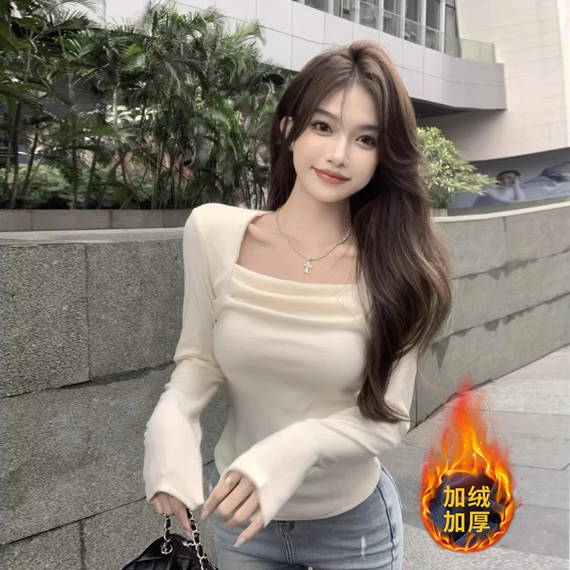 纯欲方领德绒上衣女秋冬季高级感修身短款t恤显瘦内搭长袖打底衫