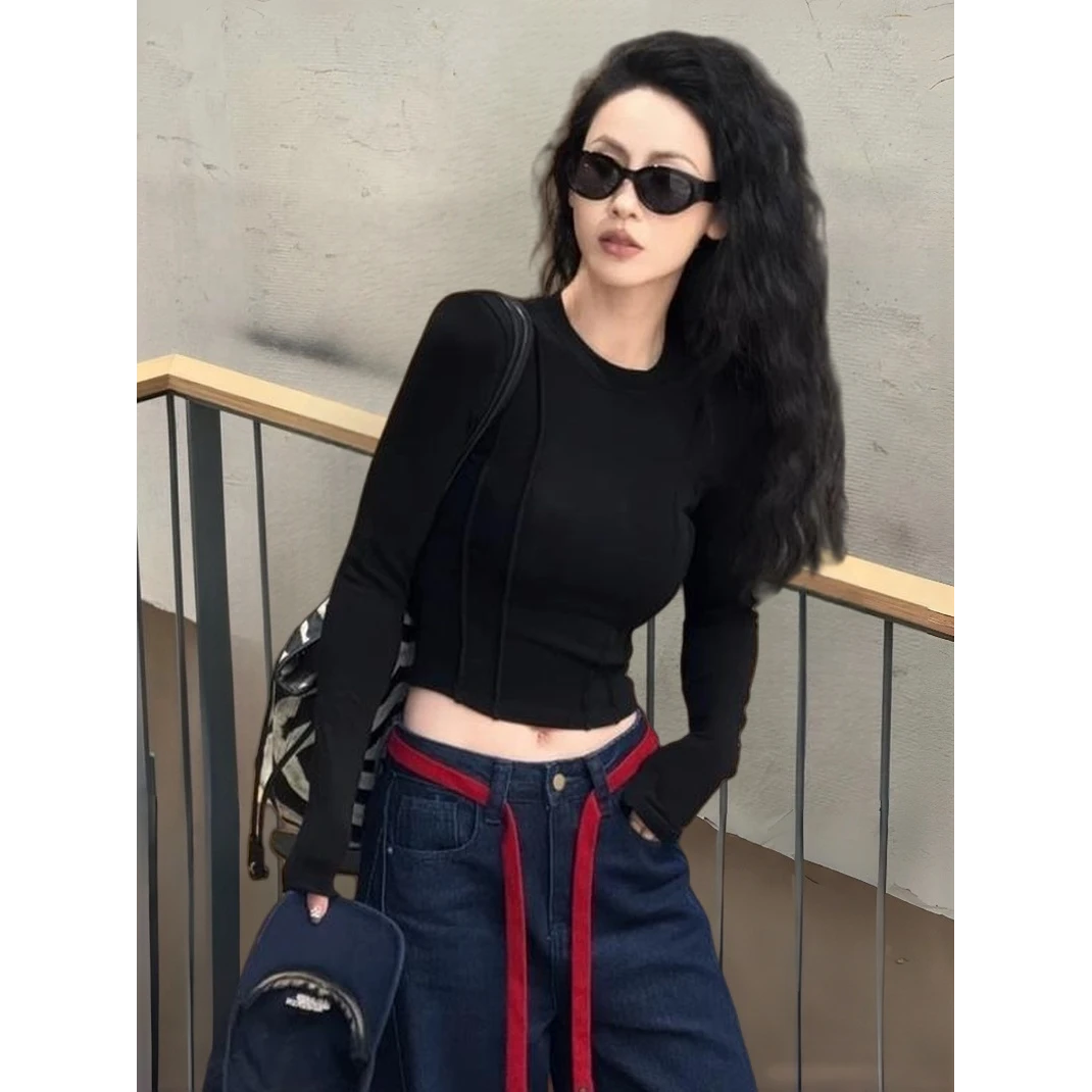 巨推荐，上身绝美！辣妹紧身短款上衣气质红色秋冬季内搭长袖t恤女