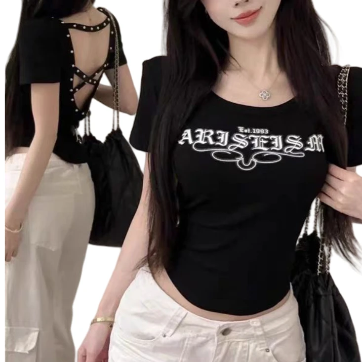阿遥家【辣妹风暴】独特性感露背柳丁修身短款正肩上衣印花短袖
