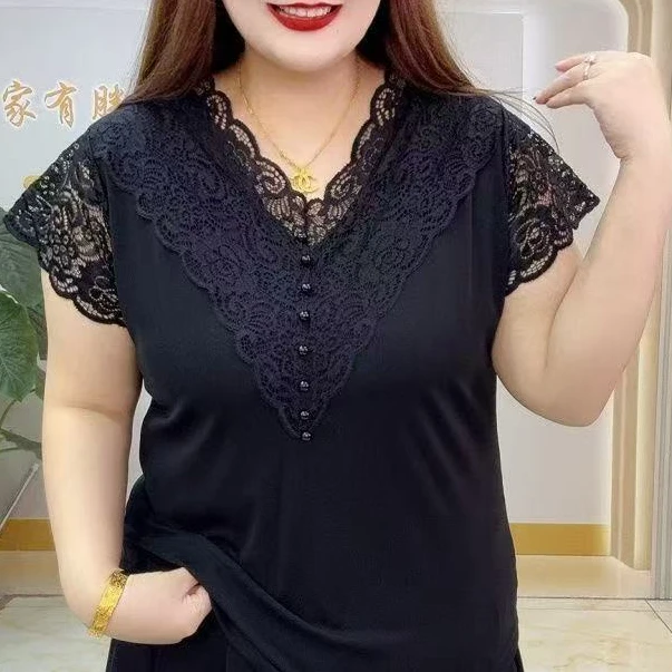 1006-C-重工刺绣大码洋气百搭高弹力半袖衫