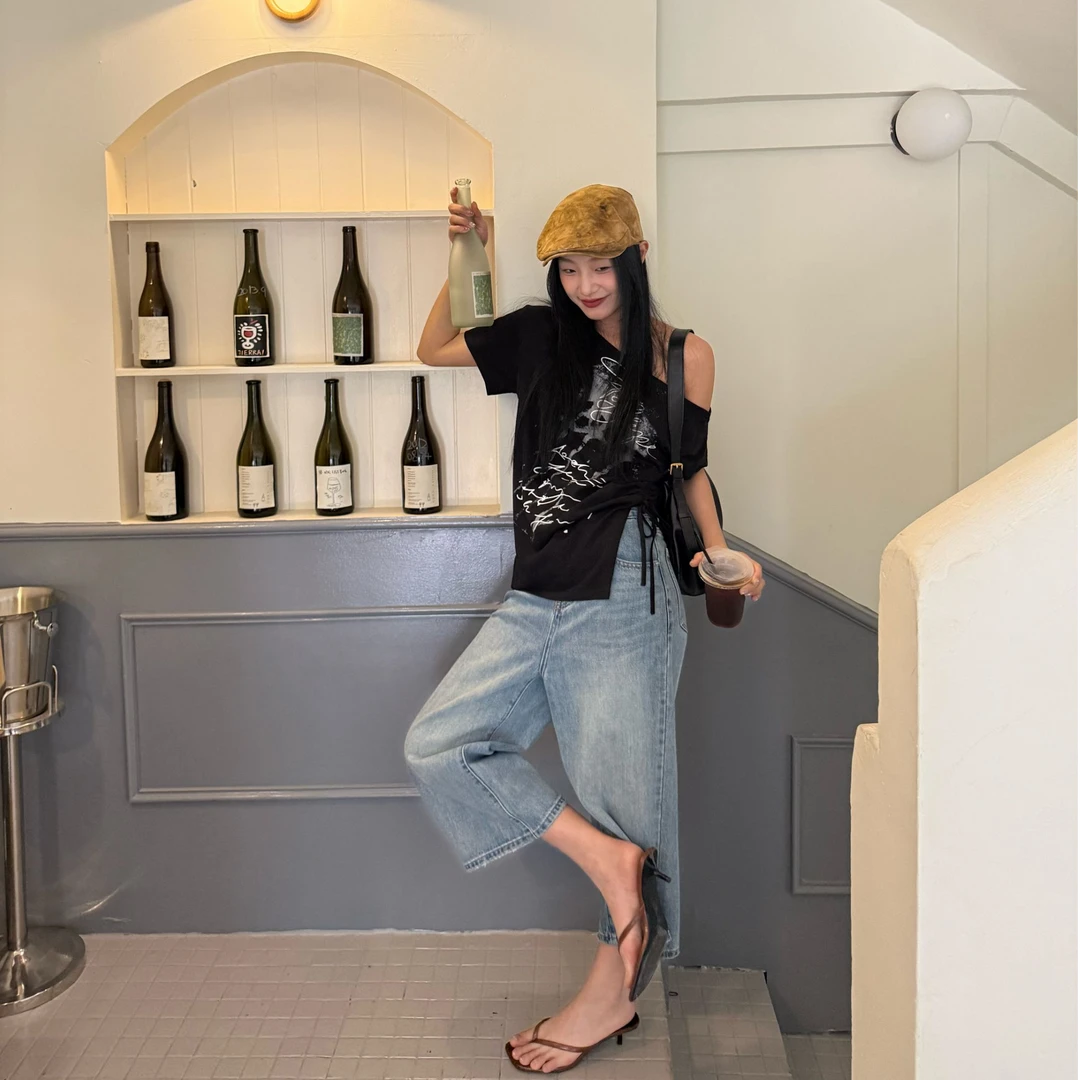 【清】逸语IN choose u笑笑家2025年夏季百搭阔腿八分牛仔裤89718