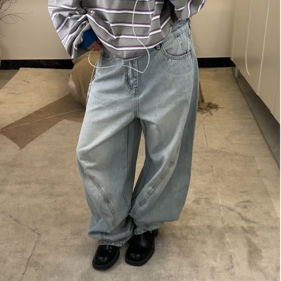 逸语2025春夏韩版直筒洗水牛仔长裤设计感高街潮酷牛仔裤女长裤
