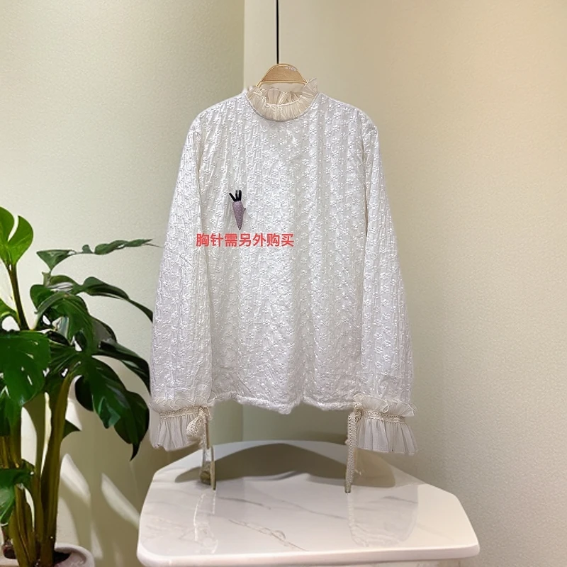 《米粒》63169森系甜美减龄舒适宽松百搭花边领上衣