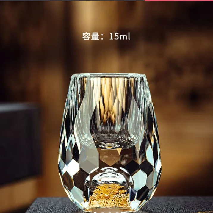 创意酒杯钻石切割金箔酒杯家用水晶玻璃一口酒具小酒盅24k