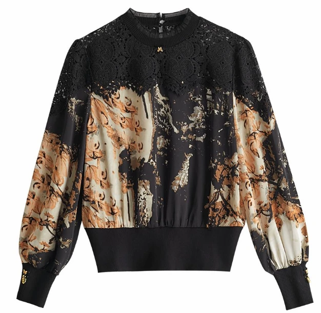 【香港中奢COCO】洋气碎花网纱拼接修身休闲轻奢长袖小衫B120