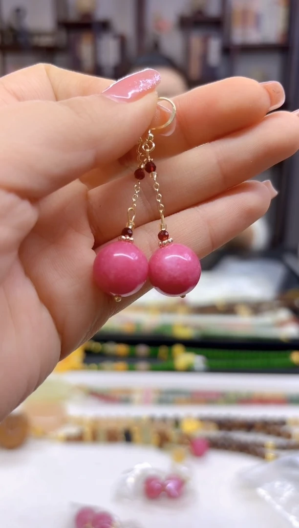 【闪购商品】菱锰矿（红纹石）耳坠14K金镶嵌E613