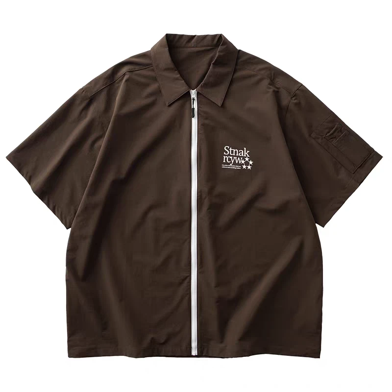 潮牌日系休闲拉链短袖衬衫宽松慵懒复古时尚字母衬衣外套