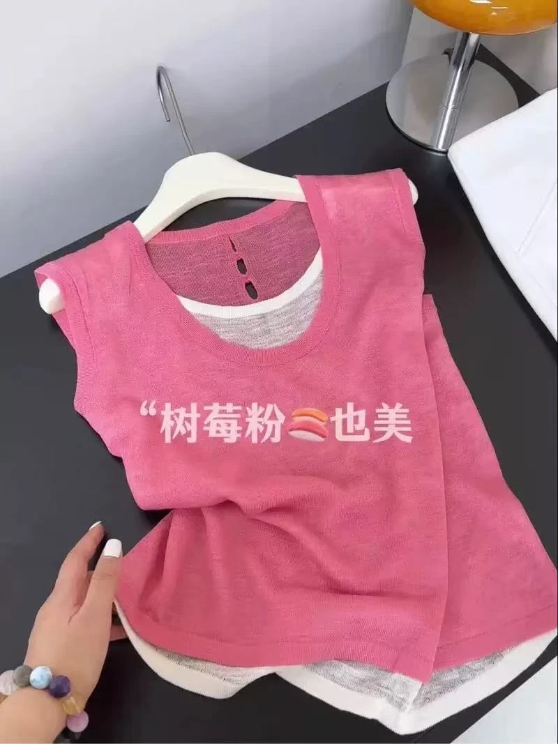 2025夏季新款撞色拼接减龄上衣韩系时尚显白假两件拼接无袖背心女