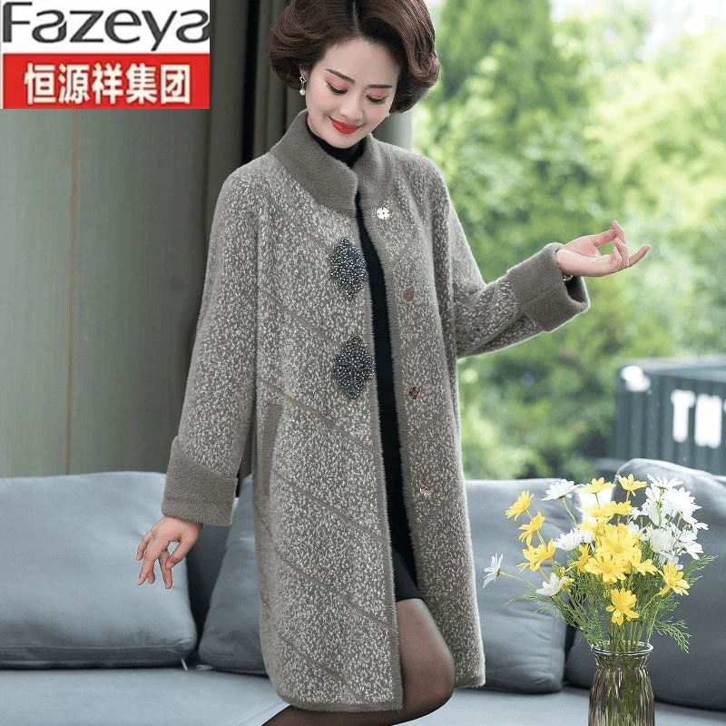 恒源祥彩羊妈妈冬装洋气大码外套中年秋冬毛呢大衣中长款高贵上衣