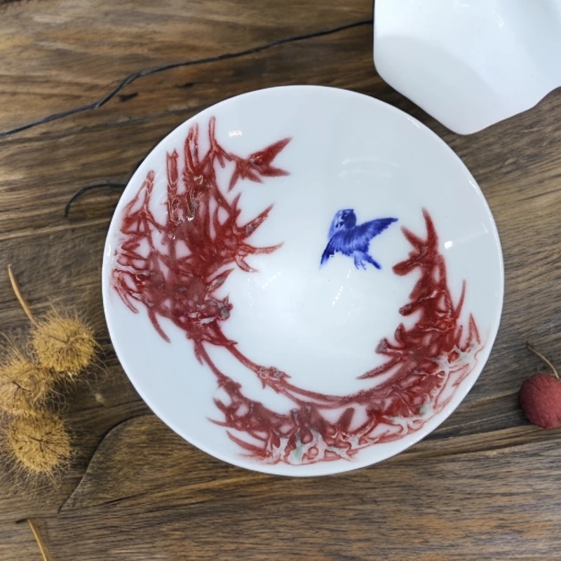 【瓷见如故】画堂春釉里红竹节斗笠杯 htc1418