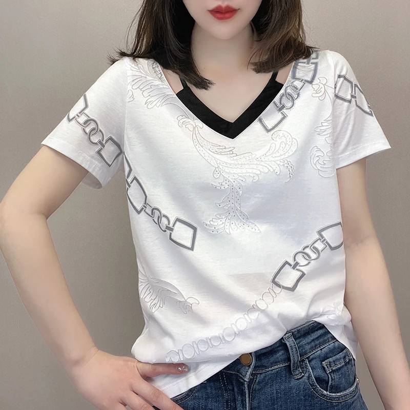 纯棉T恤女2025夏季新款时尚V领短袖宽松拼色印花休闲百搭镂空上衣
