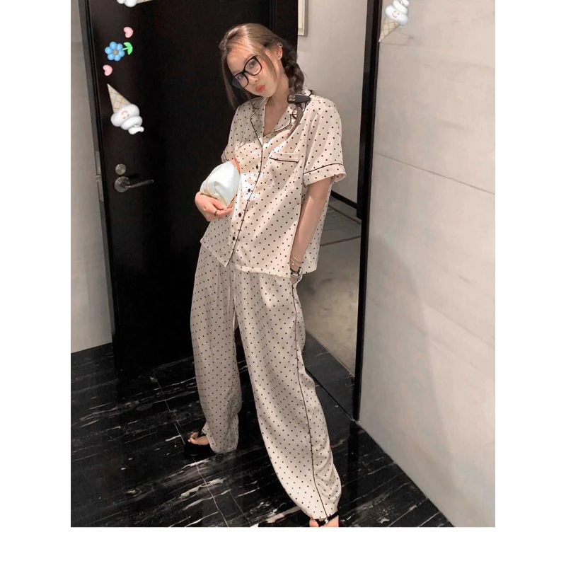 洋气设计感性感冰丝睡衣女款夏季薄款波点印花短袖翻领居家服套装