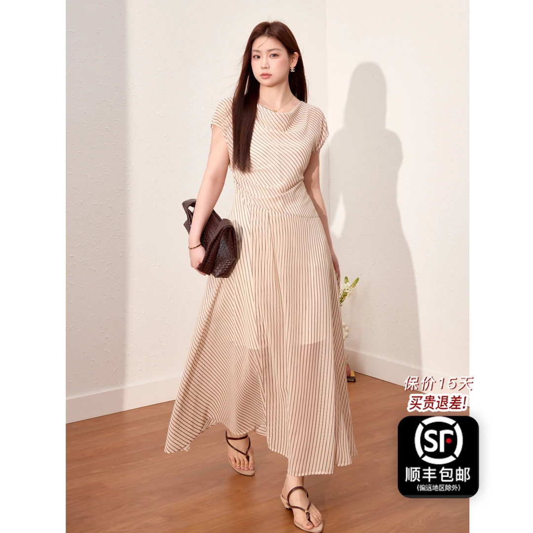 蓝语大码女装气质优雅荡领条纹连衣裙夏季新款掐腰显瘦休闲长裙子