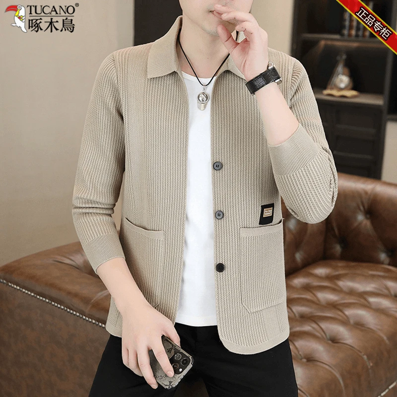 啄木鸟2025春秋新款开衫毛衣男士翻领针织衫时尚休闲纯色夹克外套