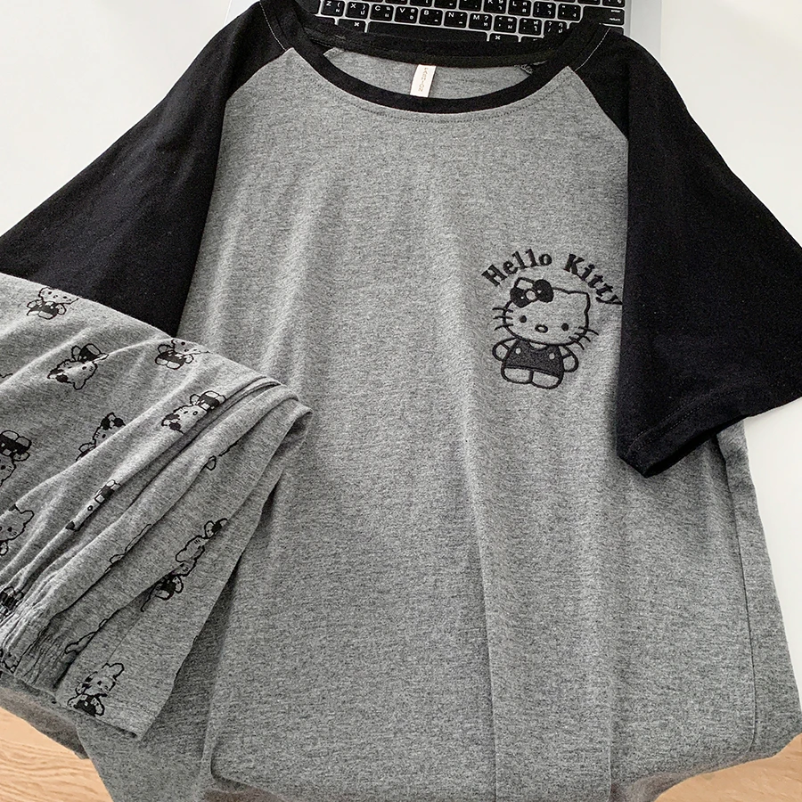 【圆灰凯蒂】圆领短袖短裤睡衣女夏季卡通纯棉家居服深灰色浅灰色