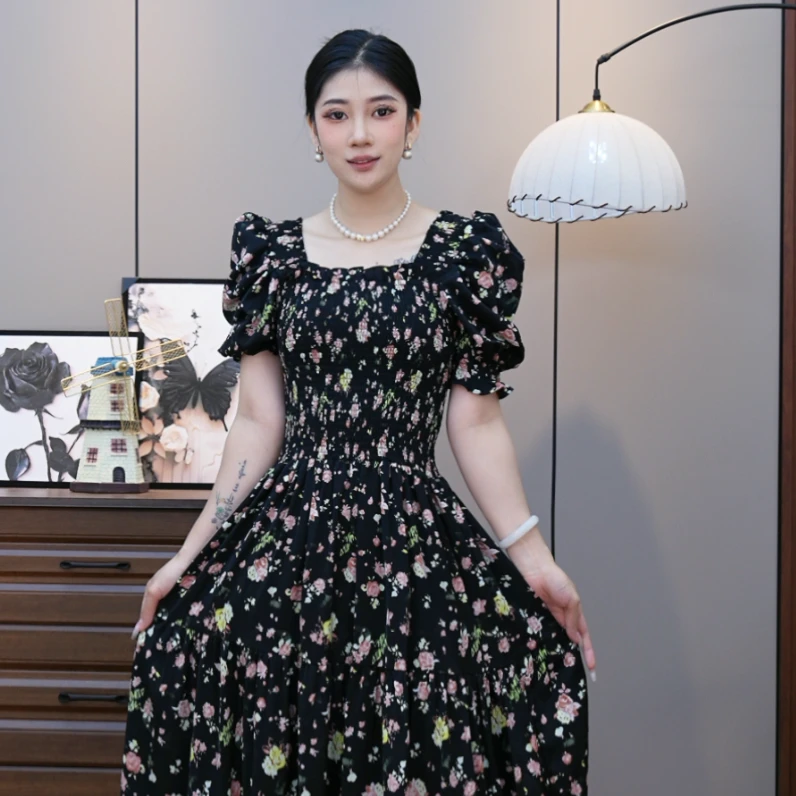 【820】新款气质显瘦收腰泡泡袖一字肩印花碎花连衣裙裙子长裙