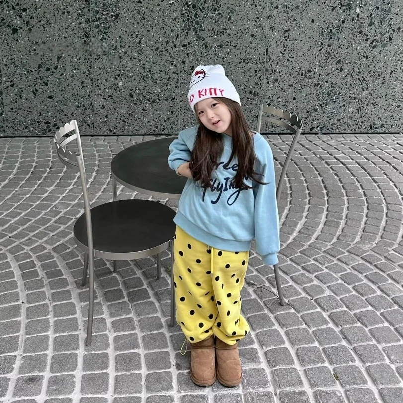 壹妈童装女童时尚套装秋季新款洋气儿童蓝色套头卫衣黄色波点卫裤