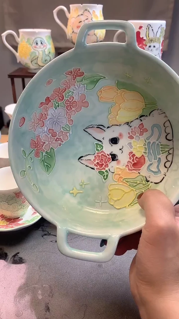 一味*手绘*双耳百花兔盘