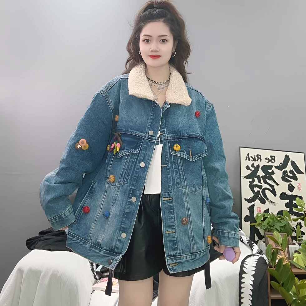 LY家539#水 冬季花朵装饰加厚YURONG翻领牛仔外套