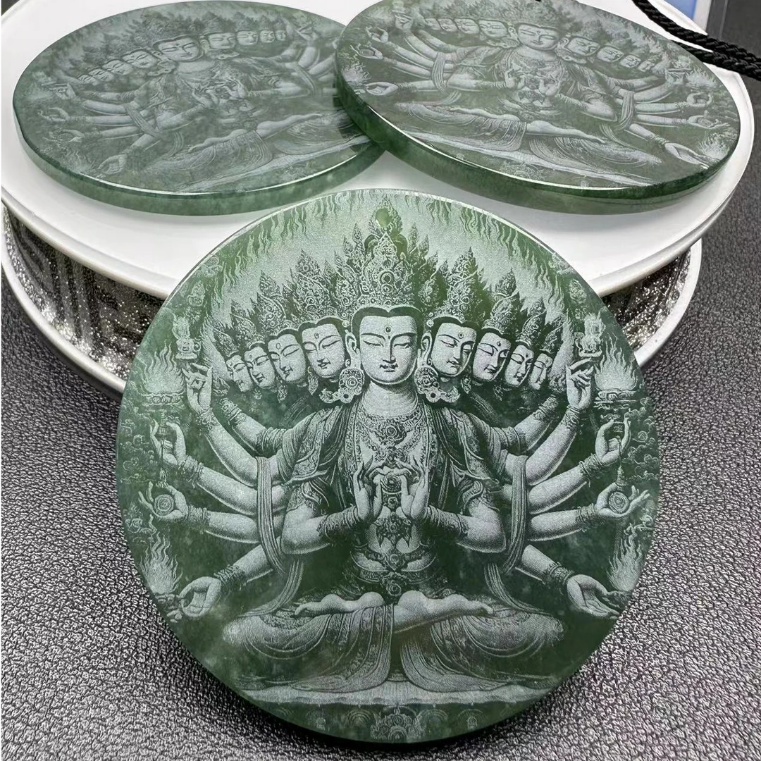 天然翡 翠A货冰种影雕双面雕刻千手观音守护神吊坠（多样性发其一）