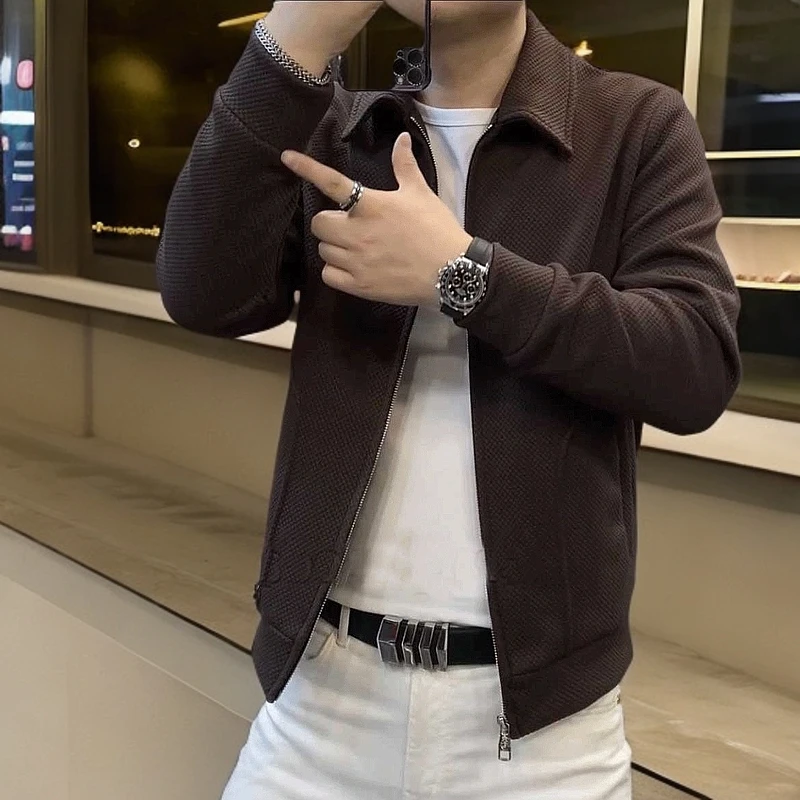 秋夏季欧货加绒新款男士翻领夹克外套修身休闲颗粒感纹路长袖上衣