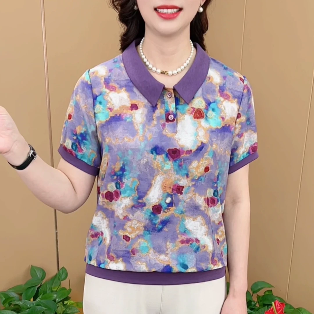 夏季新款精致娃娃领洋气妈妈装气质百搭休闲显瘦短袖上衣K6609