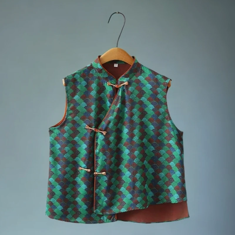 新中式重磅花萝缎斜襟不规则绿色无袖上衣小衫2025新设计原创正品