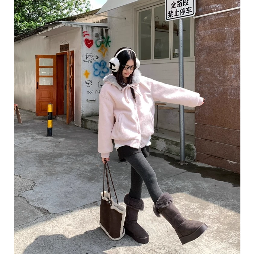 韩系温柔甜美粉色少女感秋冬毛领连帽毛呢外套卫衣女2025新款上衣