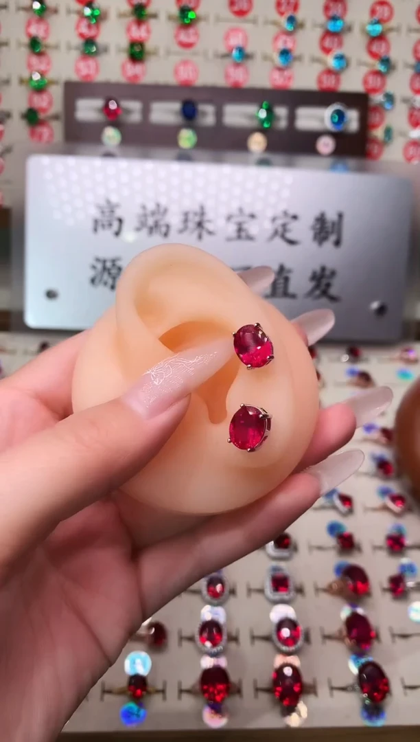 银S925镶嵌耳饰红宝石8*10 银托