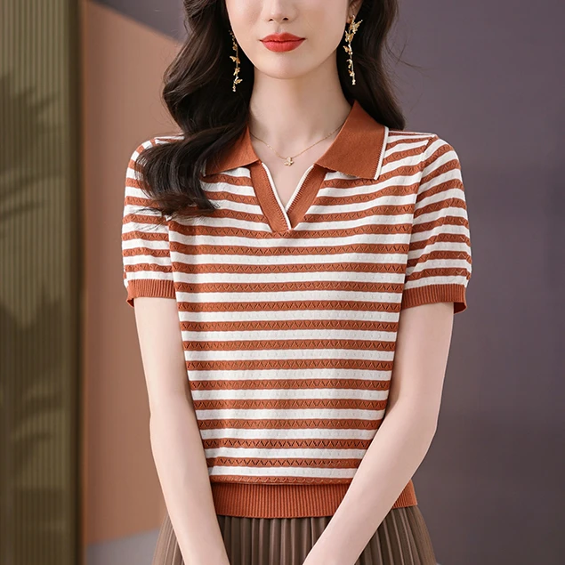 莱赛尔天丝凉爽短袖T恤女夏季新款气质翻领上衣百搭宽松显瘦薄款