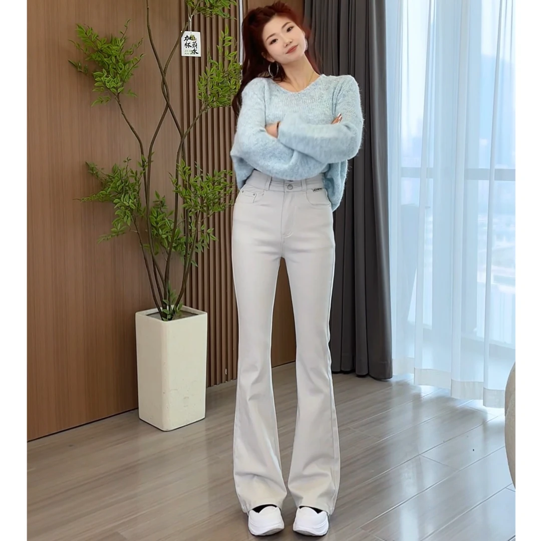 （8390）月光灰高腰弹力修身微喇拖地牛仔裤气质款