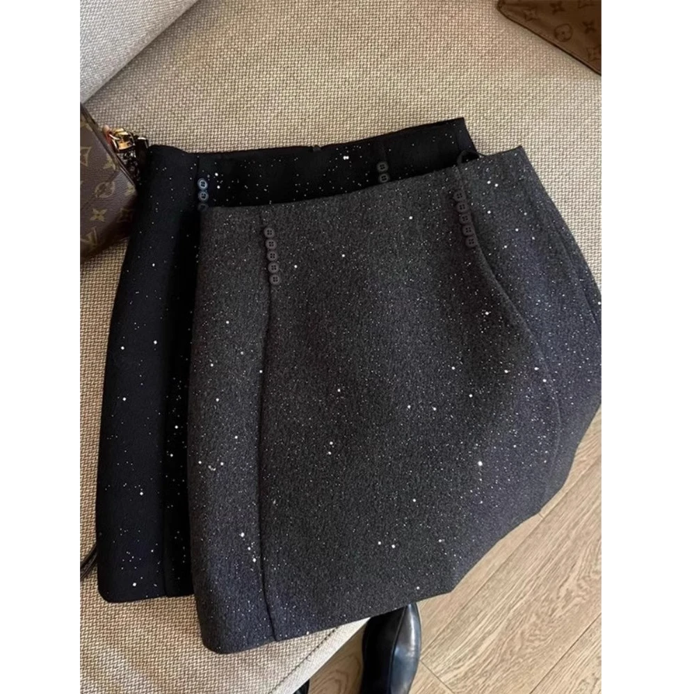 【2066】法式半身裙女2024年新款秋冬设计感小众重工烫钻亮片短裙