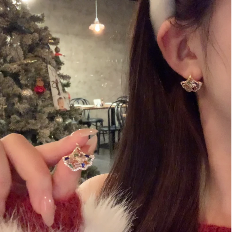 铜合金锆石耳饰 秋冬气质彩色锆石银杏叶耳环女精致轻奢耳针耳饰