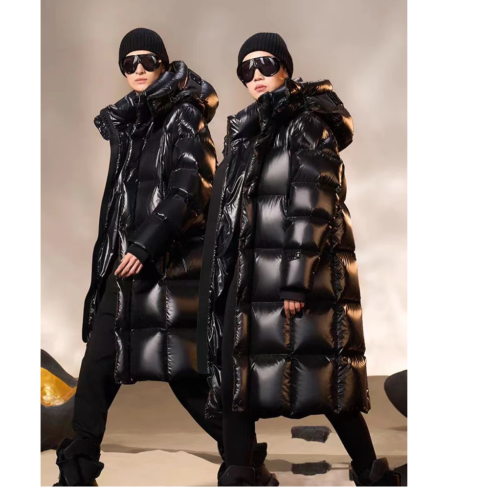 男女同款鹅绒黑珍珠黑钻长款外套黑色连帽保暖加厚百搭女款羽绒服