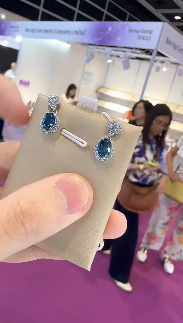 银S925镶嵌托帕石耳饰伦敦蓝耳钉5*7mm