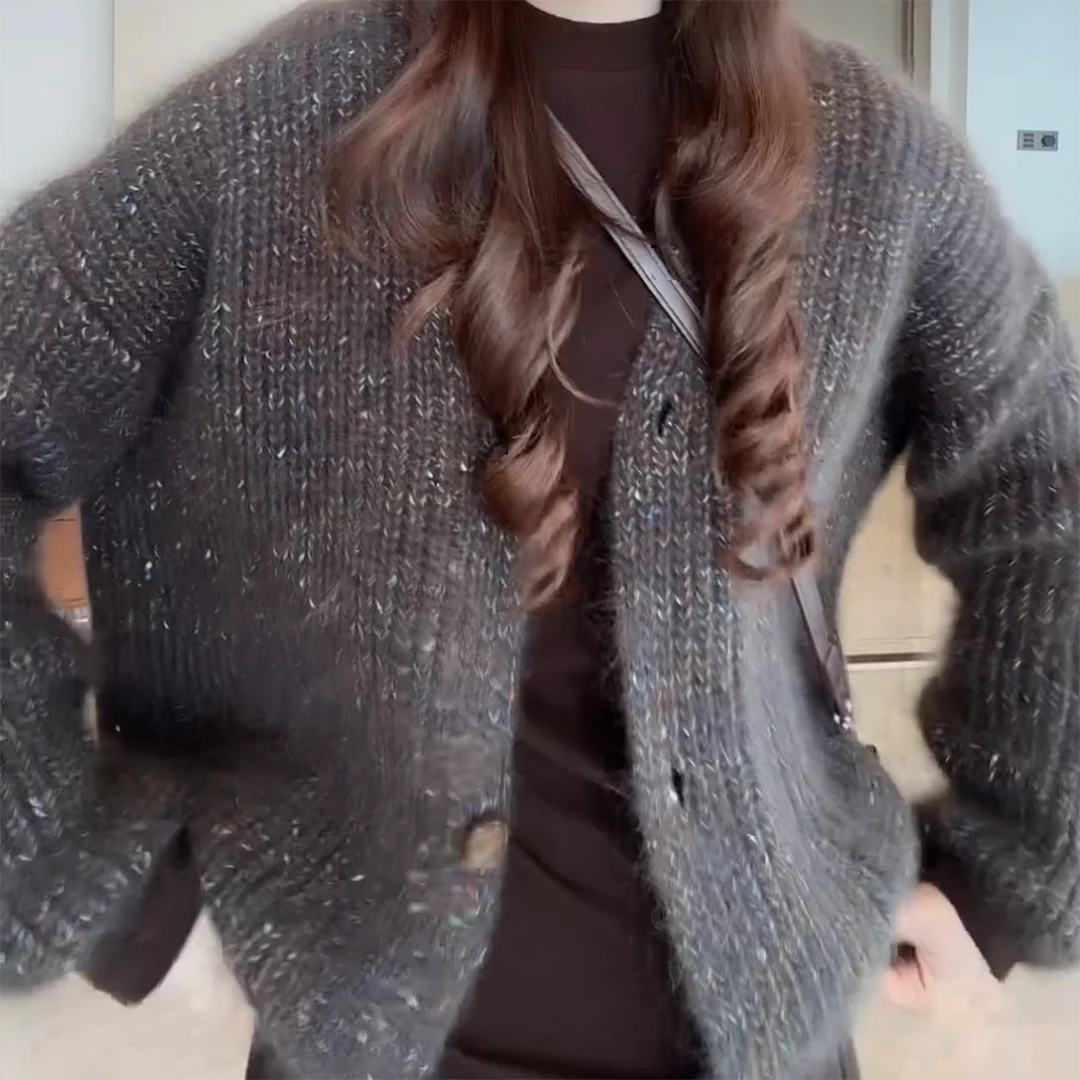 秋冬气质小香风宽松开衫软糯V领针织毛衣外套C6416