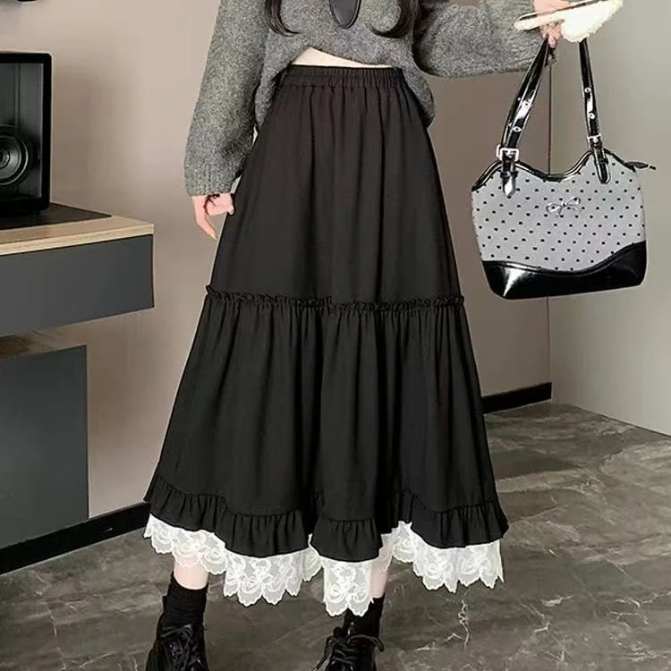 5051#蕾丝花边半身裙伞裙女春季新款高腰显瘦大摆裙中长裙