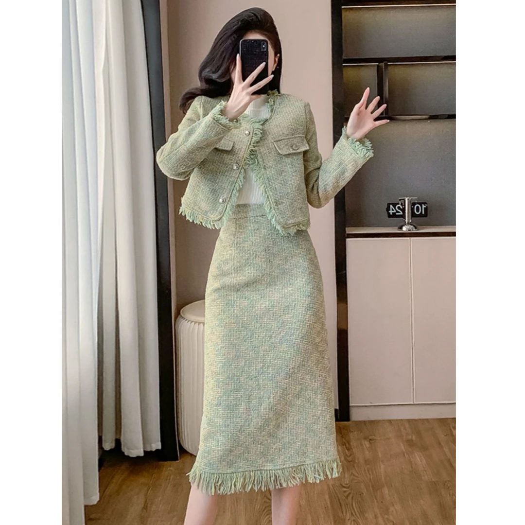 高级感轻奢小香风两件套装裙2025秋冬新款粗花呢外套高腰半身裙女