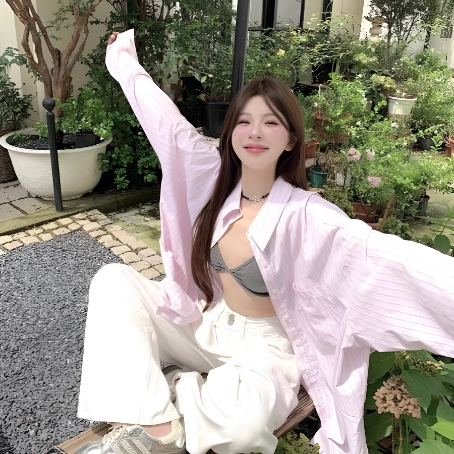 慵懒风粉色条纹衬衫女春夏季2025新款宽松防晒衬衣中长款百搭上衣