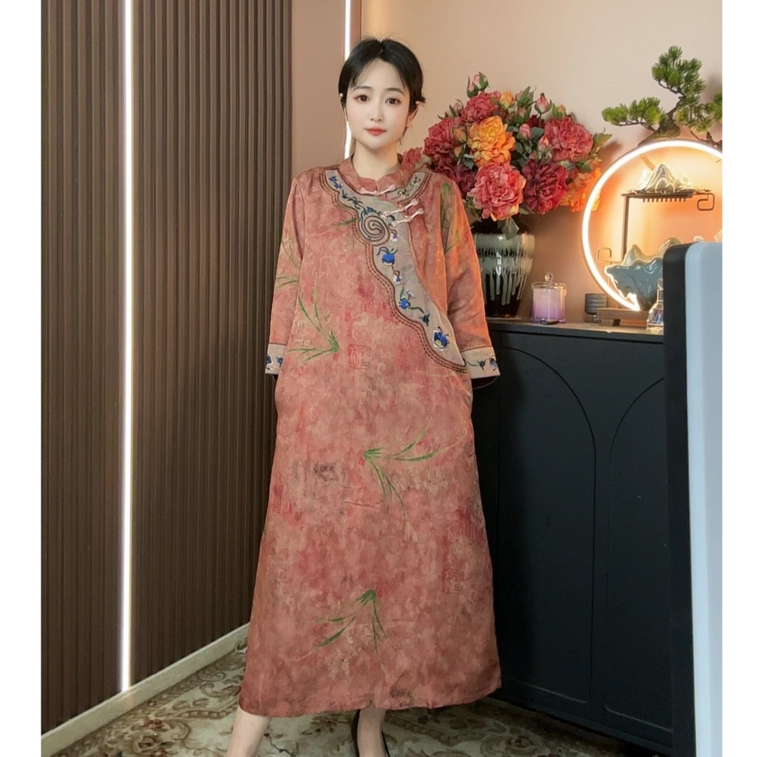 (粉韵）2024新款斜门襟新中式格格服气质国风旗袍连衣裙