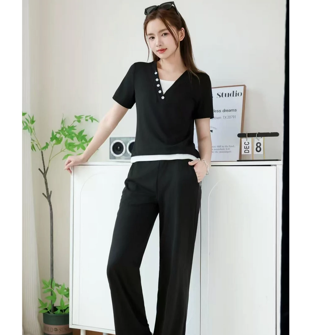 真真专属（上衣+裤子）夏季新款假两件短袖休闲运动阔腿两件套