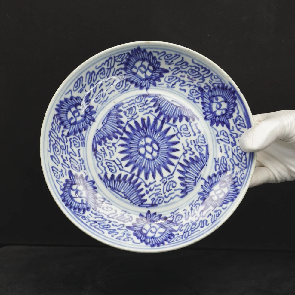 乙1554 清中期青花太阳花盘 口沿芝麻飞皮 古代真品 古董收藏