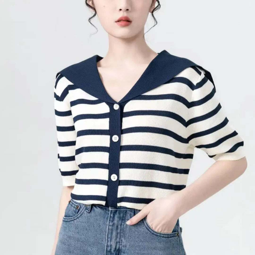 藏蓝色冰丝条纹短袖轻薄透气开衫女夏海军领撞色新款别致上衣A16